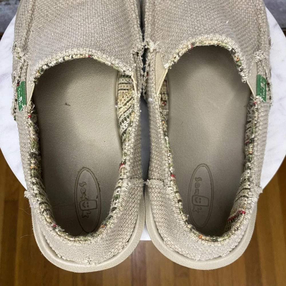 Sanuk Shoes Mens Size 5 Beige Canvas Slip On Casual Comfort Loafers Moc Toe